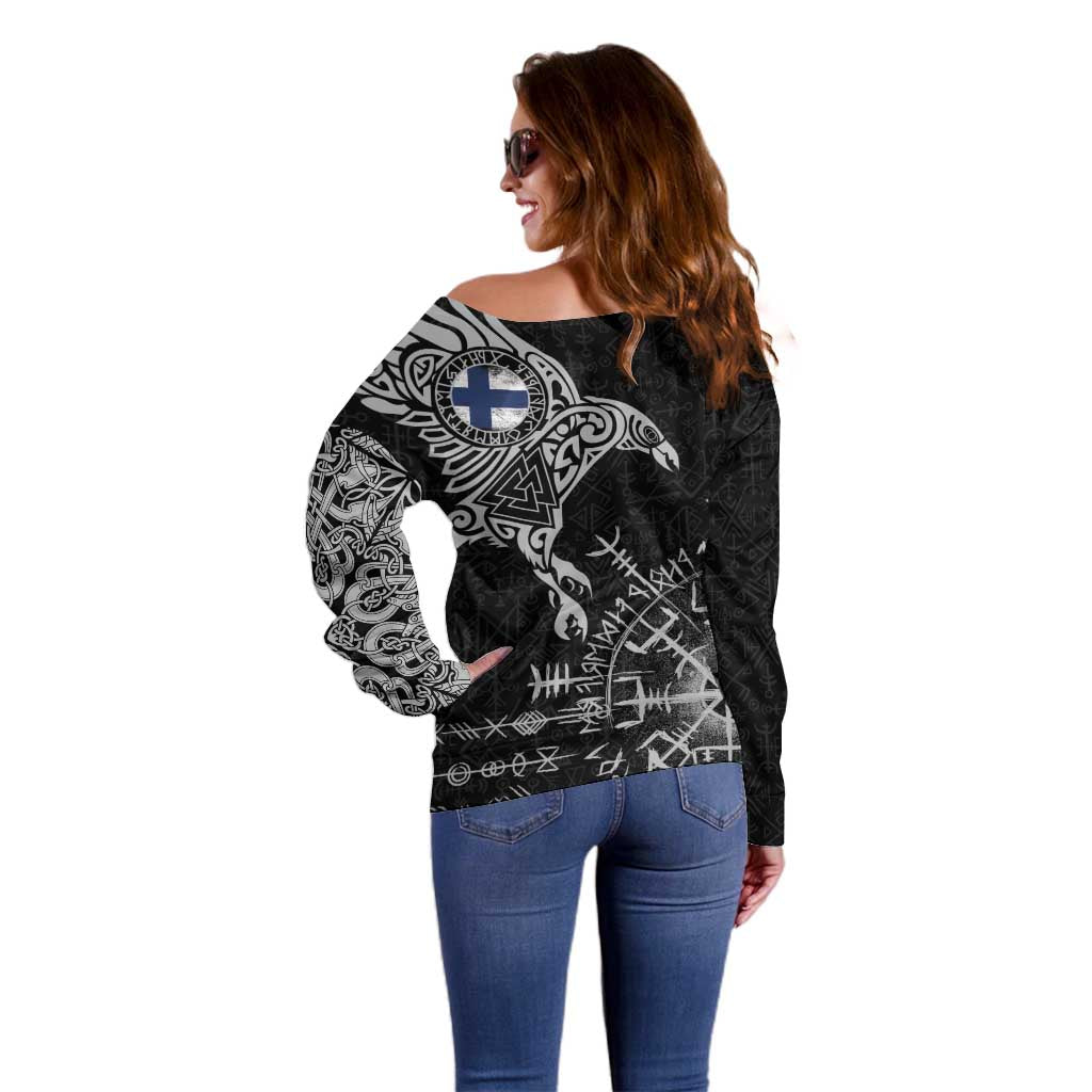 Finland Viking Ravens Off Shoulder Sweater Vegvisir Runes Pattern - Wonder Print Shop