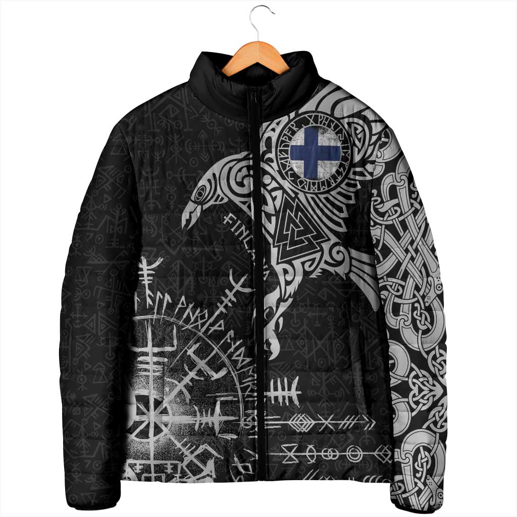 Finland Viking Ravens Padded Jacket Vegvisir Runes Pattern - Wonder Print Shop