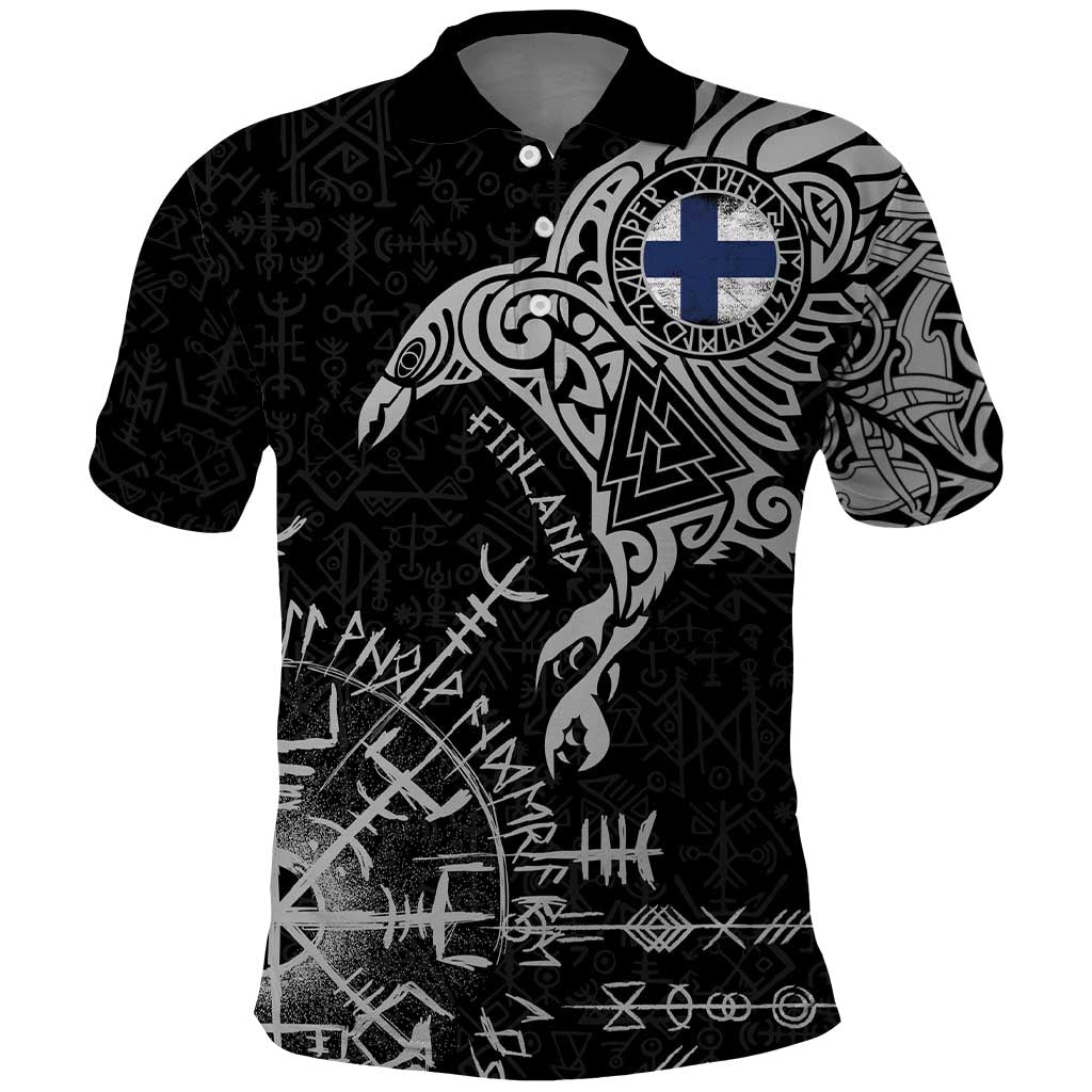 Finland Viking Ravens Polo Shirt Vegvisir Runes Pattern - Wonder Print Shop
