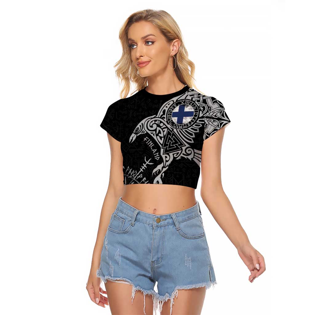 Finland Viking Ravens Raglan Cropped T Shirt Vegvisir Runes Pattern - Wonder Print Shop