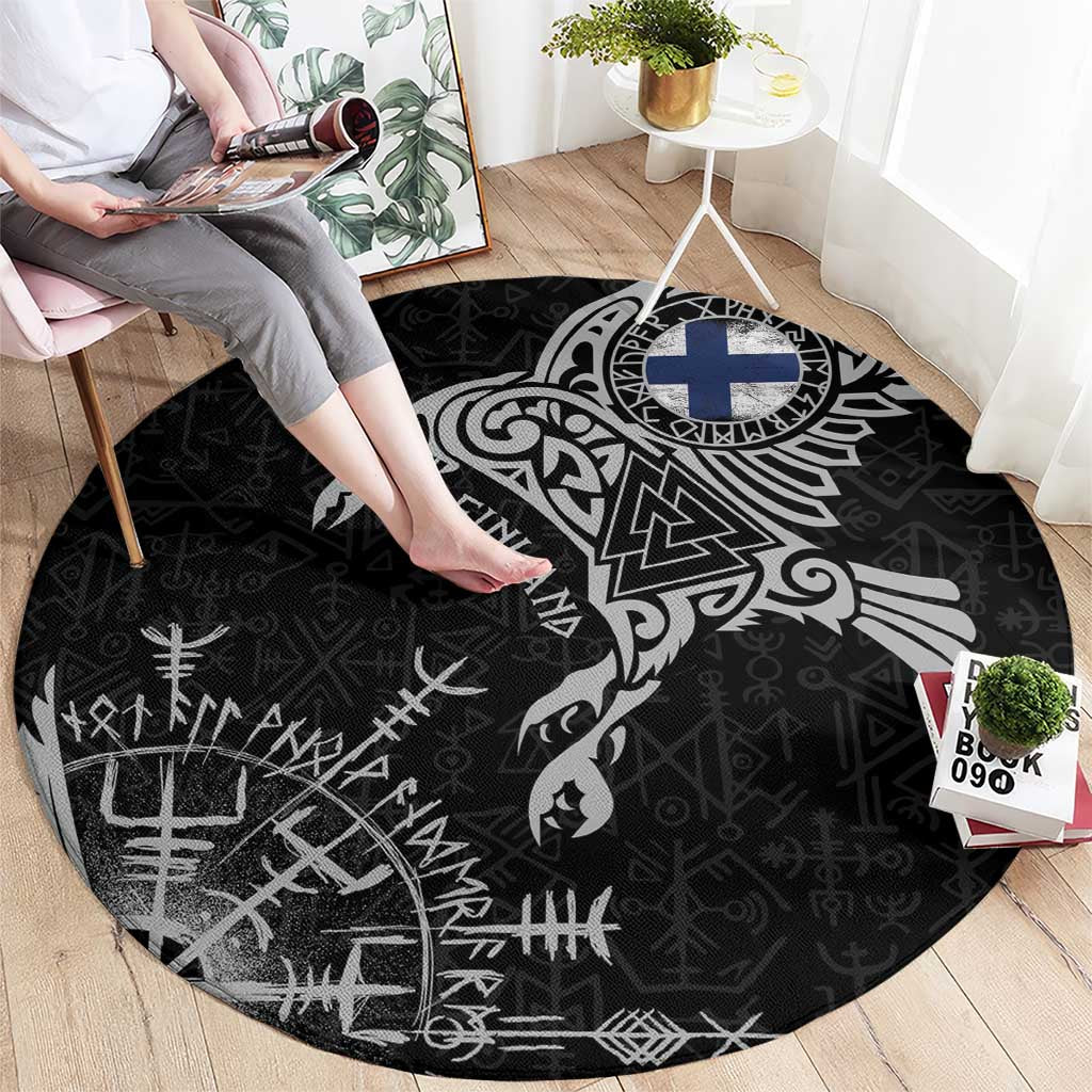 Finland Viking Ravens Round Carpet Vegvisir Runes Pattern - Wonder Print Shop