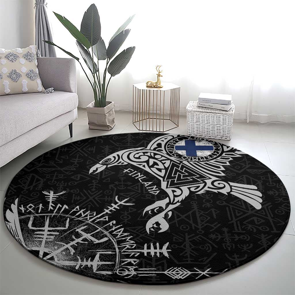 Finland Viking Ravens Round Carpet Vegvisir Runes Pattern - Wonder Print Shop