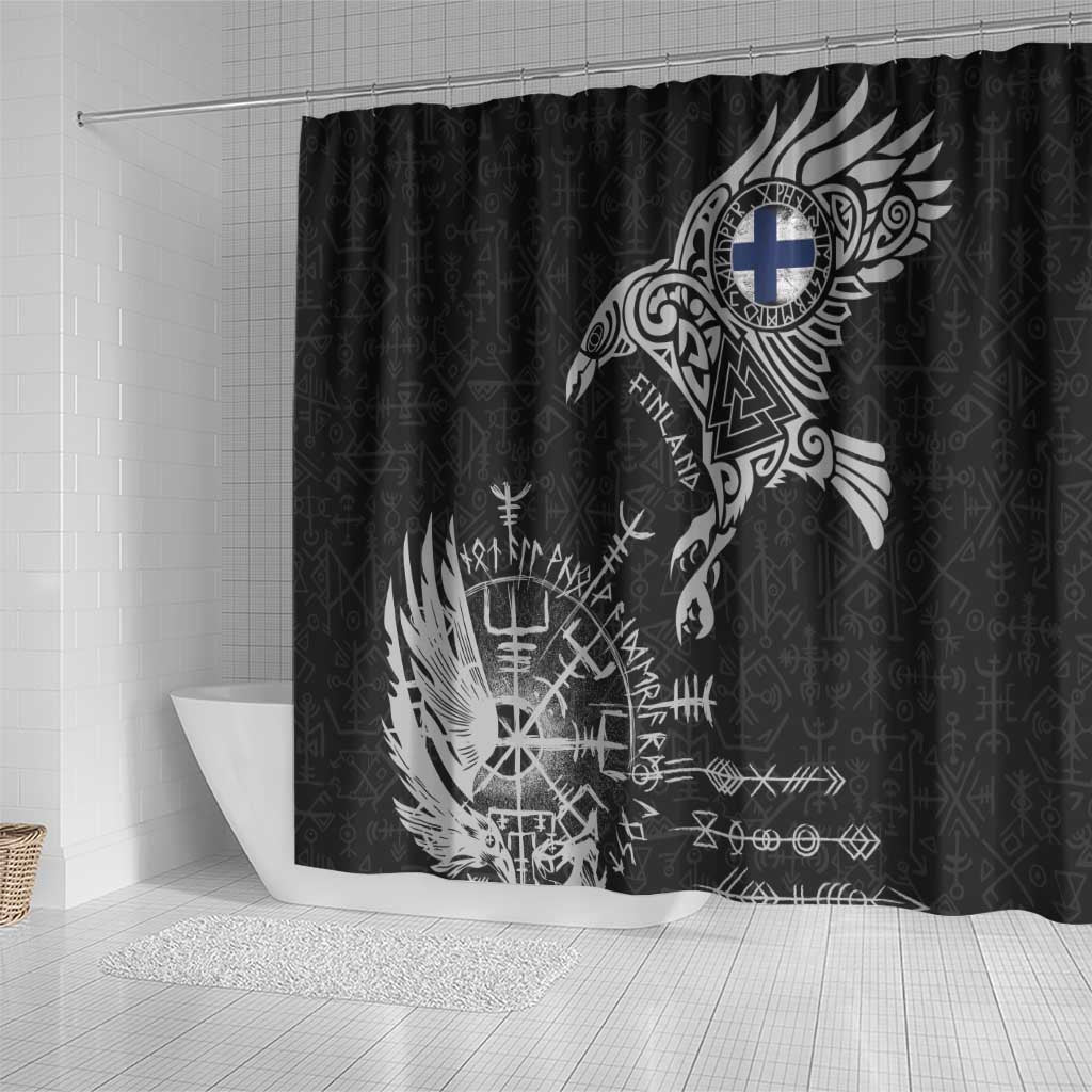 Finland Viking Ravens Shower Curtain Vegvisir Runes Pattern - Wonder Print Shop