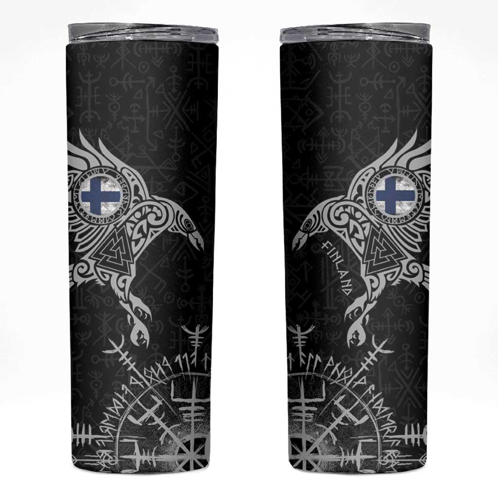 Finland Viking Ravens Skinny Tumbler Vegvisir Runes Pattern - Wonder Print Shop