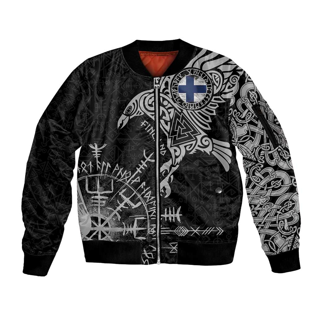 Finland Viking Ravens Sleeve Zip Bomber Jacket Vegvisir Runes Pattern - Wonder Print Shop
