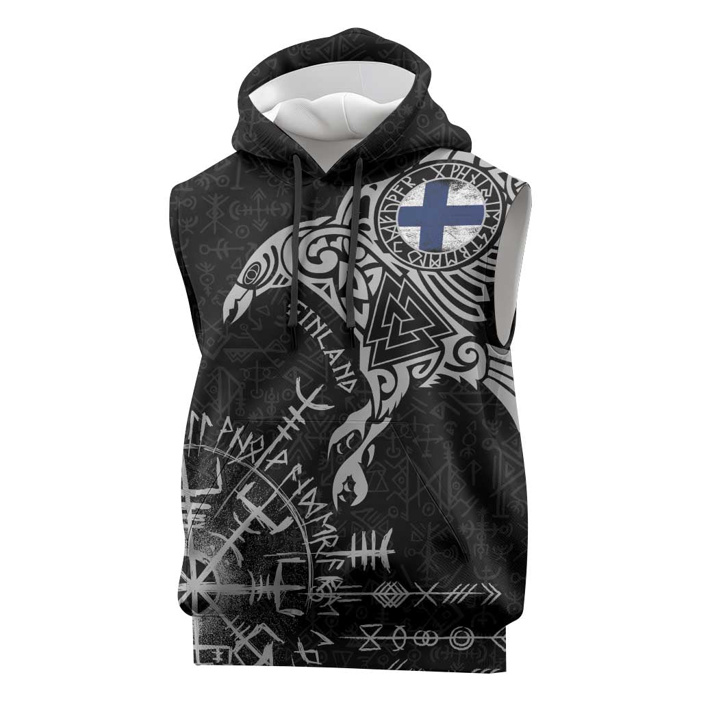 Finland Viking Ravens Sleeveless Hoodie Vegvisir Runes Pattern - Wonder Print Shop