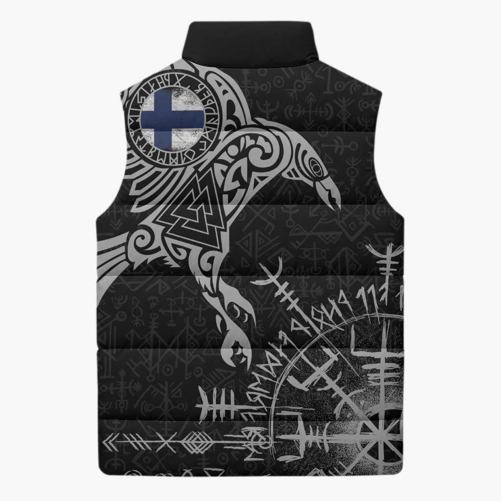 Finland Viking Ravens Sleeveless Puffer Jacket Vegvisir Runes Pattern - Wonder Print Shop