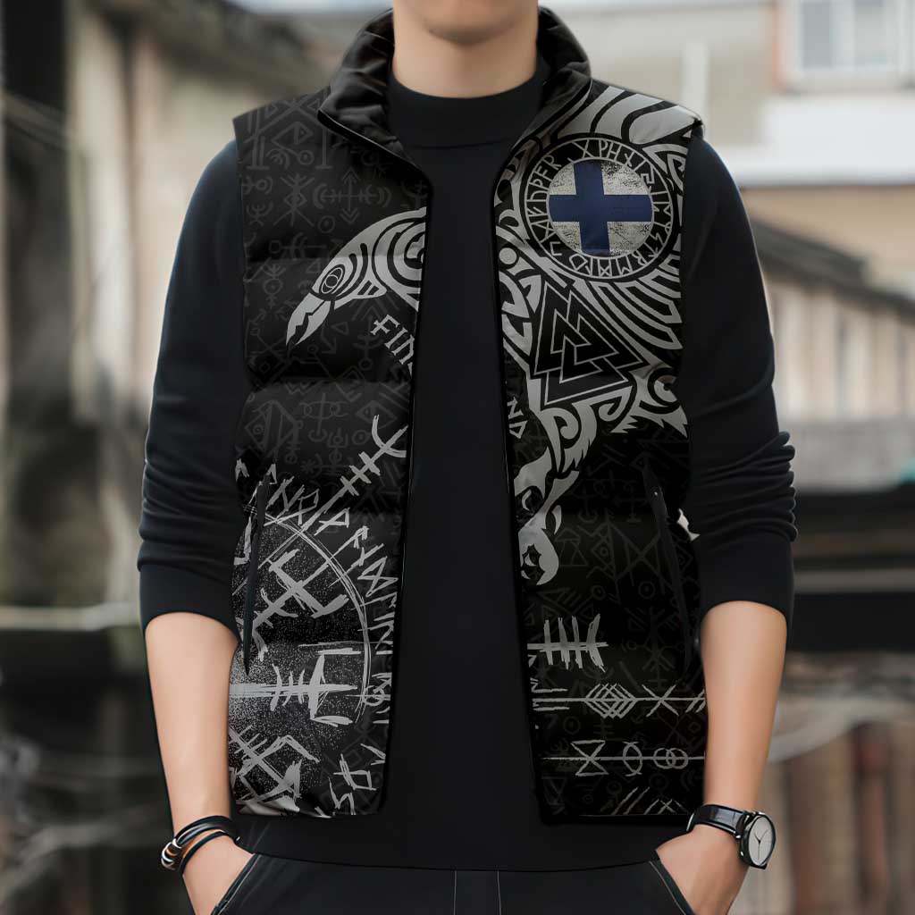 Finland Viking Ravens Sleeveless Puffer Jacket Vegvisir Runes Pattern - Wonder Print Shop