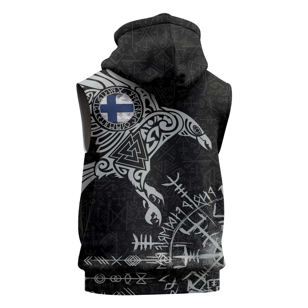 Finland Viking Ravens Sleeveless Zip Hoodie Vegvisir Runes Pattern - Wonder Print Shop