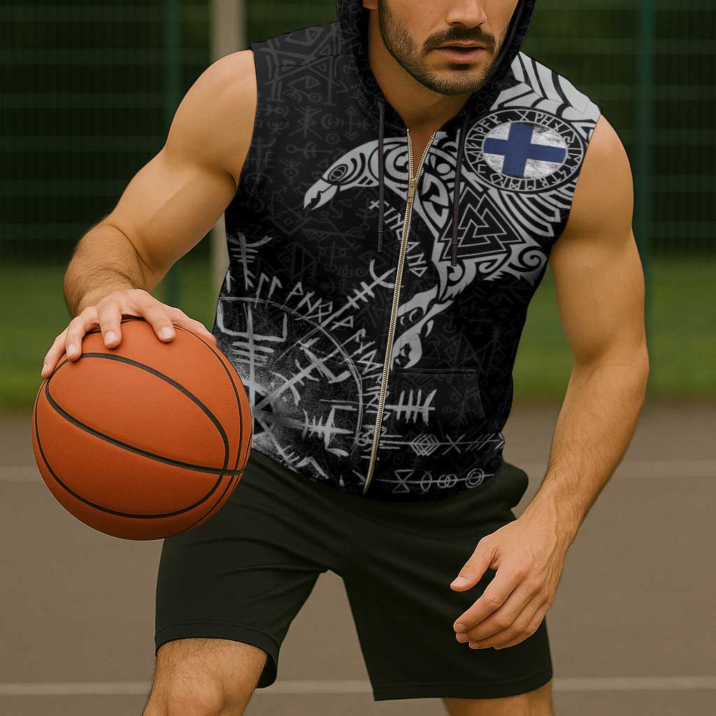 Finland Viking Ravens Sleeveless Zip Hoodie Vegvisir Runes Pattern - Wonder Print Shop