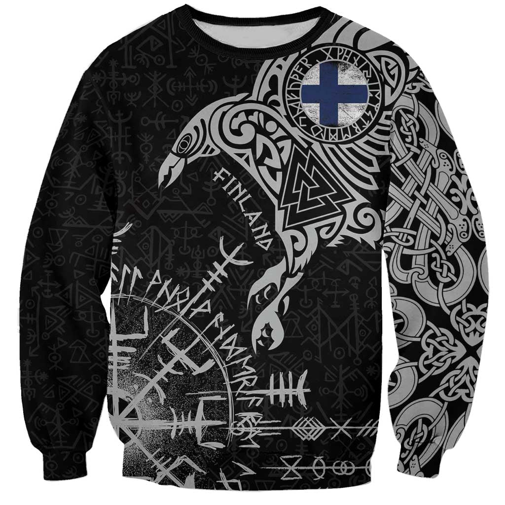 Finland Viking Ravens Sweatshirt Vegvisir Runes Pattern - Wonder Print Shop