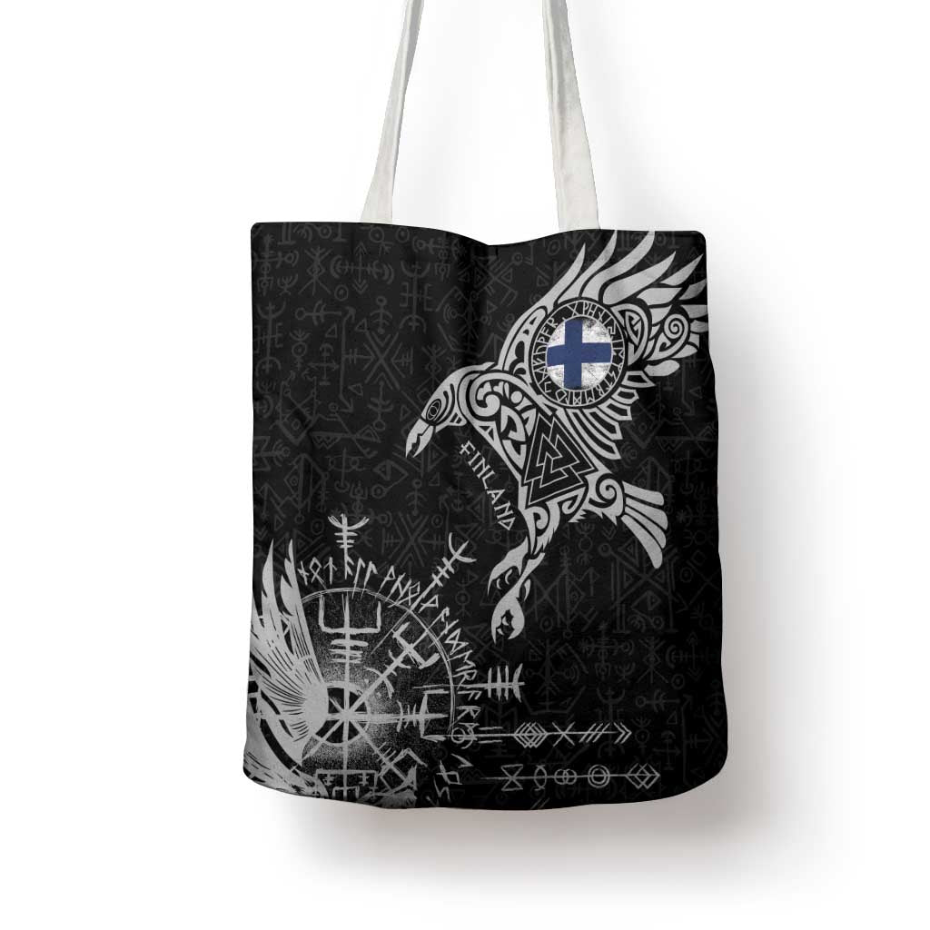 Finland Viking Ravens Tote Bag Vegvisir Runes Pattern - Wonder Print Shop