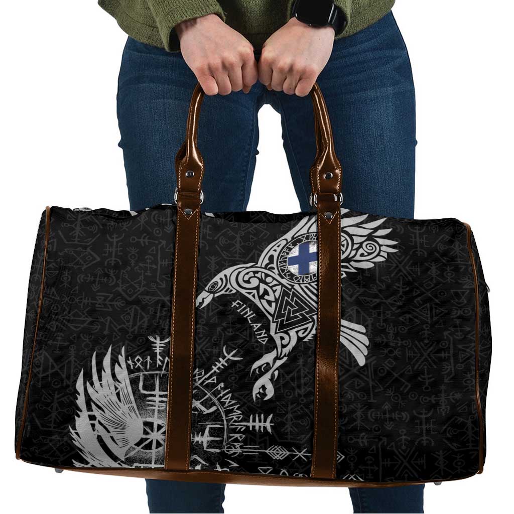Finland Viking Ravens Travel Bag Vegvisir Runes Pattern - Wonder Print Shop