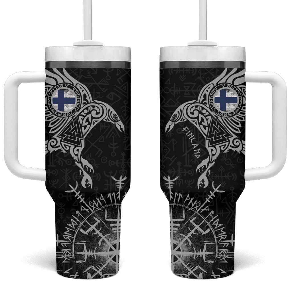 Finland Viking Ravens Tumbler With Handle Vegvisir Runes Pattern - Wonder Print Shop
