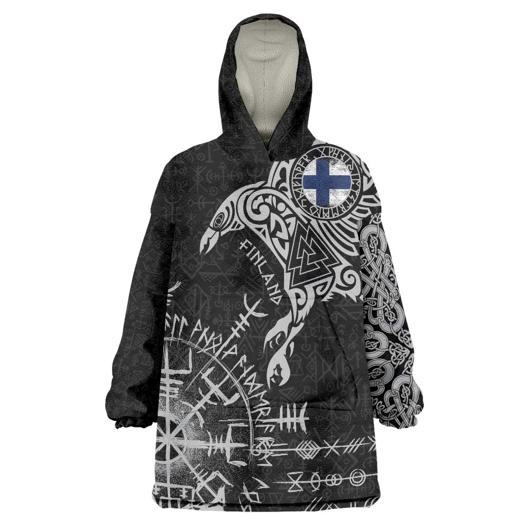 Finland Viking Ravens Wearable Blanket Hoodie Vegvisir Runes Pattern - Wonder Print Shop