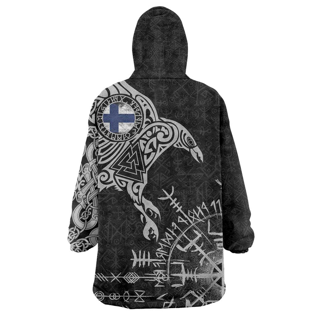 Finland Viking Ravens Wearable Blanket Hoodie Vegvisir Runes Pattern - Wonder Print Shop