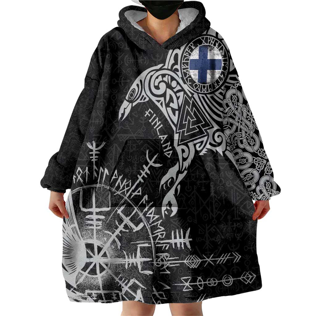 Finland Viking Ravens Wearable Blanket Hoodie Vegvisir Runes Pattern - Wonder Print Shop