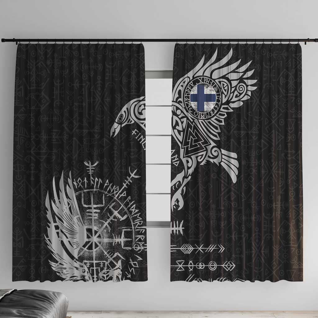 Finland Viking Ravens Window Curtain Vegvisir Runes Pattern - Wonder Print Shop