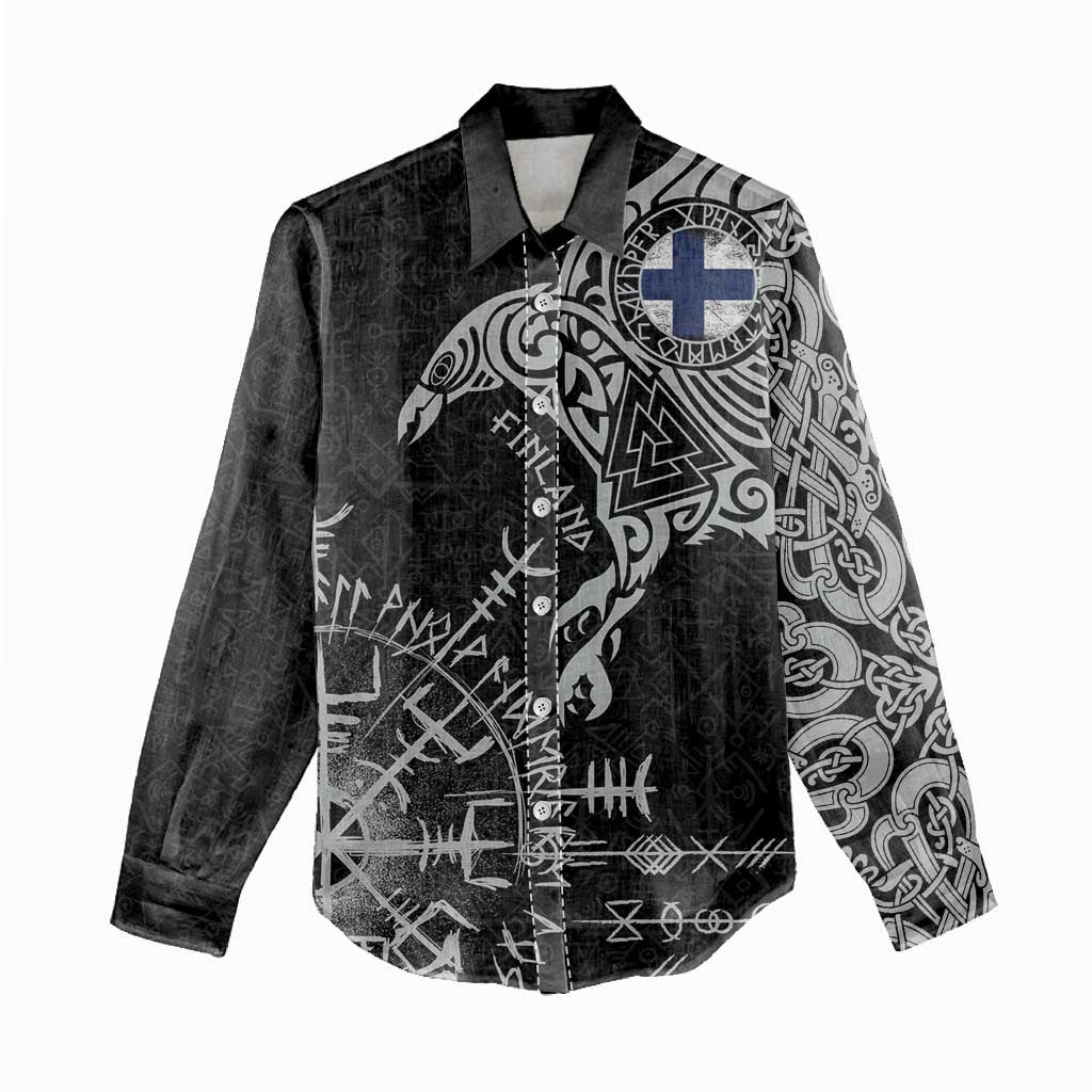 Finland Viking Ravens Women Casual Shirt Vegvisir Runes Pattern - Wonder Print Shop