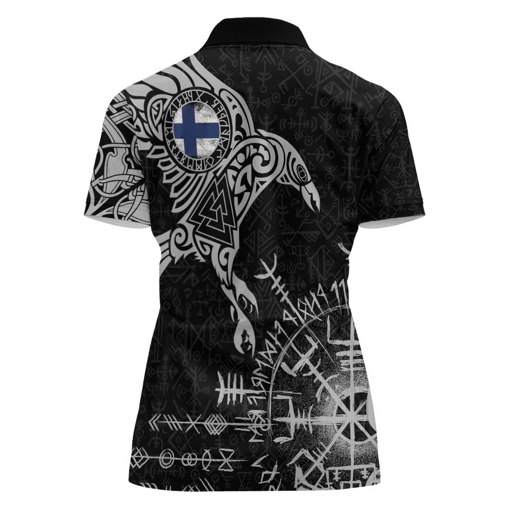Finland Viking Ravens Women Polo Shirt Vegvisir Runes Pattern - Wonder Print Shop