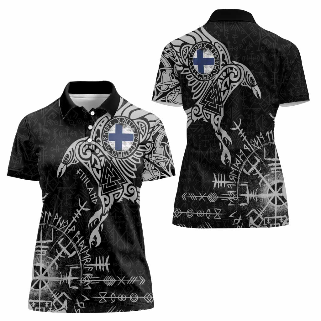 Finland Viking Ravens Women Polo Shirt Vegvisir Runes Pattern - Wonder Print Shop