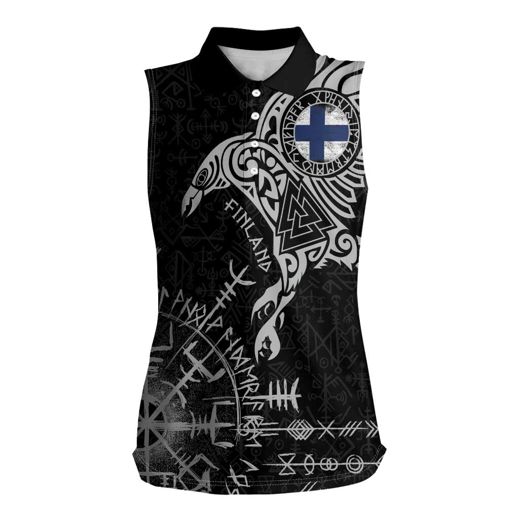 Finland Viking Ravens Women Sleeveless Polo Shirt Vegvisir Runes Pattern - Wonder Print Shop