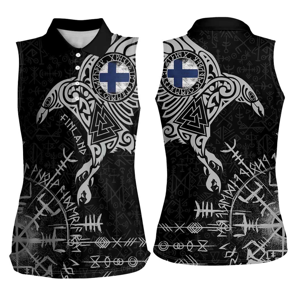 Finland Viking Ravens Women Sleeveless Polo Shirt Vegvisir Runes Pattern - Wonder Print Shop