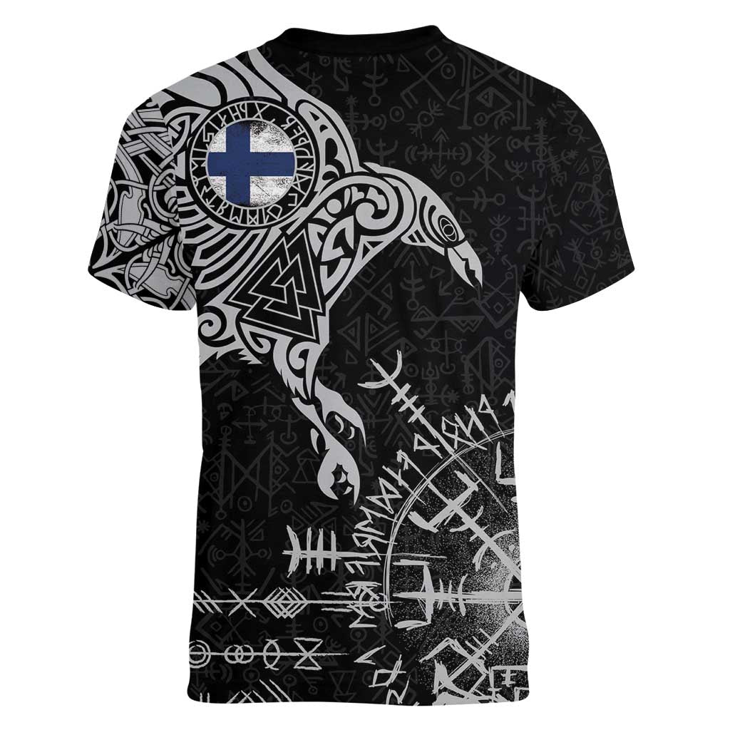 Finland Viking Ravens Women V-Neck T-Shirt Vegvisir Runes Pattern - Wonder Print Shop