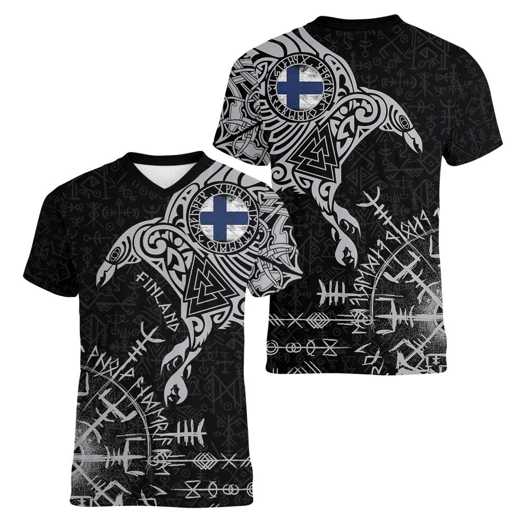 Finland Viking Ravens Women V-Neck T-Shirt Vegvisir Runes Pattern - Wonder Print Shop