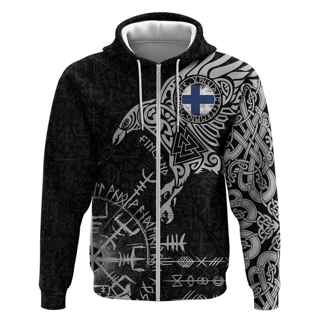 Finland Viking Ravens Zip Hoodie Vegvisir Runes Pattern - Wonder Print Shop