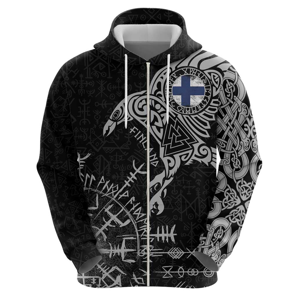 Finland Viking Ravens Zip Hoodie Vegvisir Runes Pattern - Wonder Print Shop