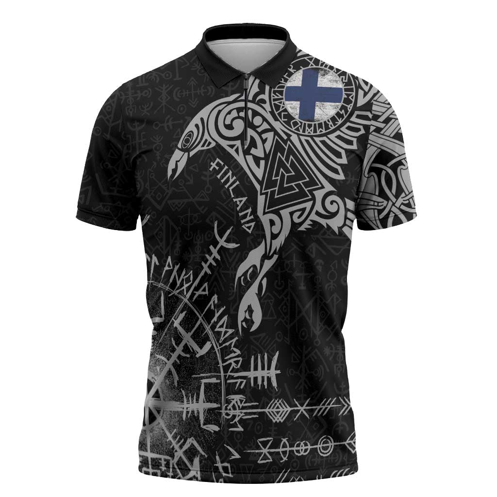 Finland Viking Ravens Zipper Polo Shirt Vegvisir Runes Pattern - Wonder Print Shop