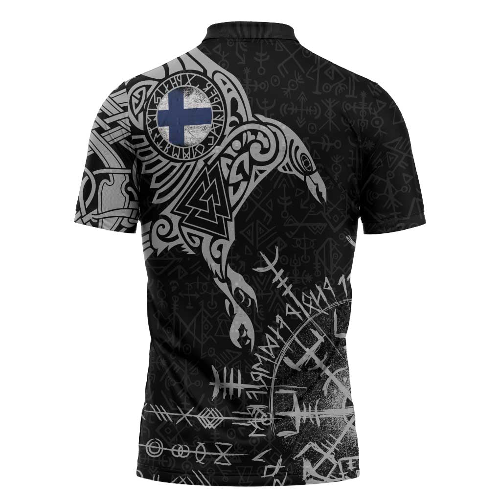 Finland Viking Ravens Zipper Polo Shirt Vegvisir Runes Pattern - Wonder Print Shop