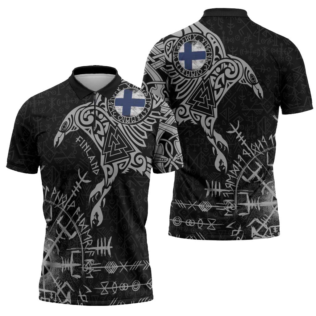 Finland Viking Ravens Zipper Polo Shirt Vegvisir Runes Pattern - Wonder Print Shop