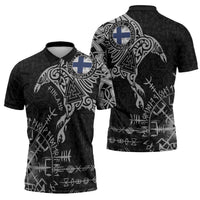 Finland Viking Ravens Zipper Polo Shirt Vegvisir Runes Pattern - Wonder Print Shop