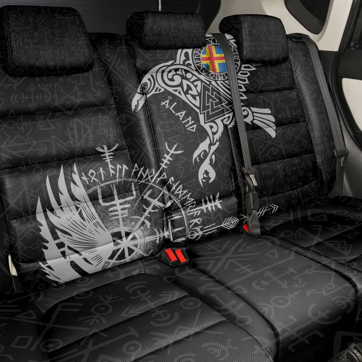 Aland Viking Ravens Back Car Seat Cover Vegvisir Runes Pattern - Wonder Print Shop