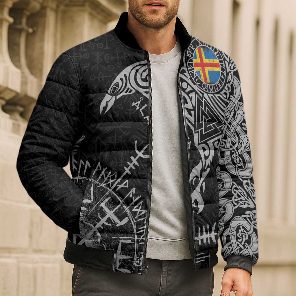Aland Viking Ravens Bomber Puffer Jacket Vegvisir Runes Pattern - Wonder Print Shop