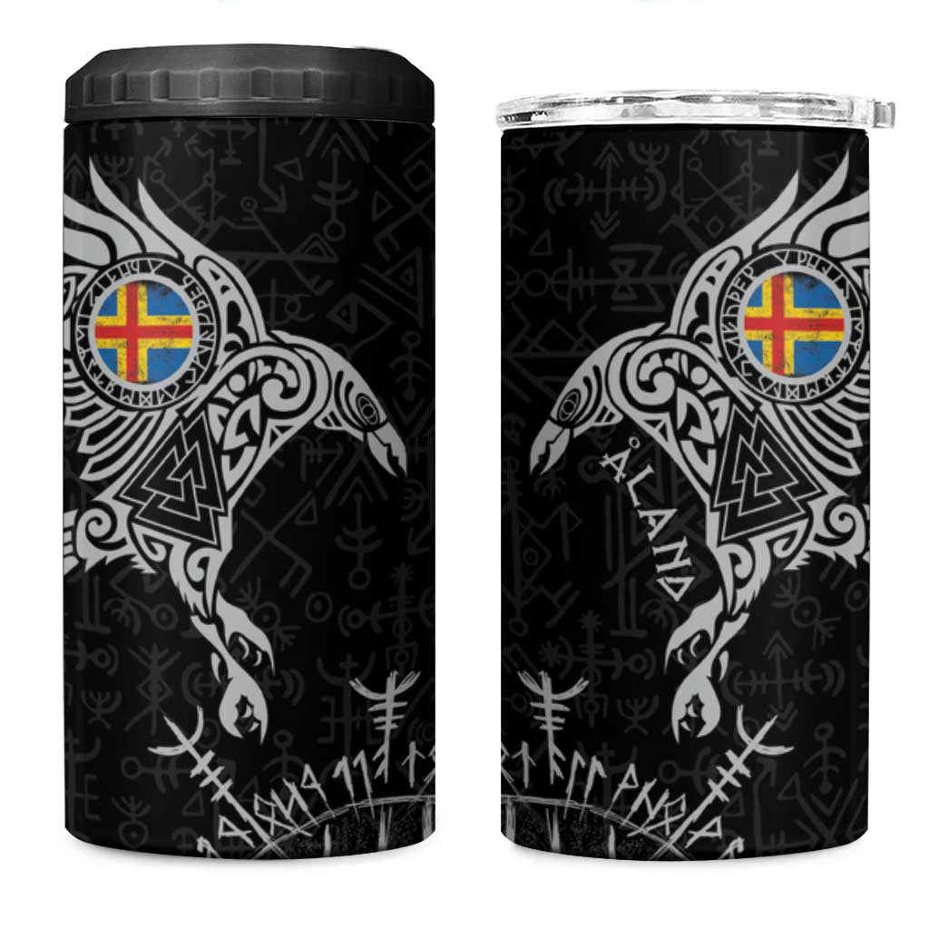 Aland Viking Ravens 4 in 1 Can Cooler Tumbler Vegvisir Runes Pattern - Wonder Print Shop
