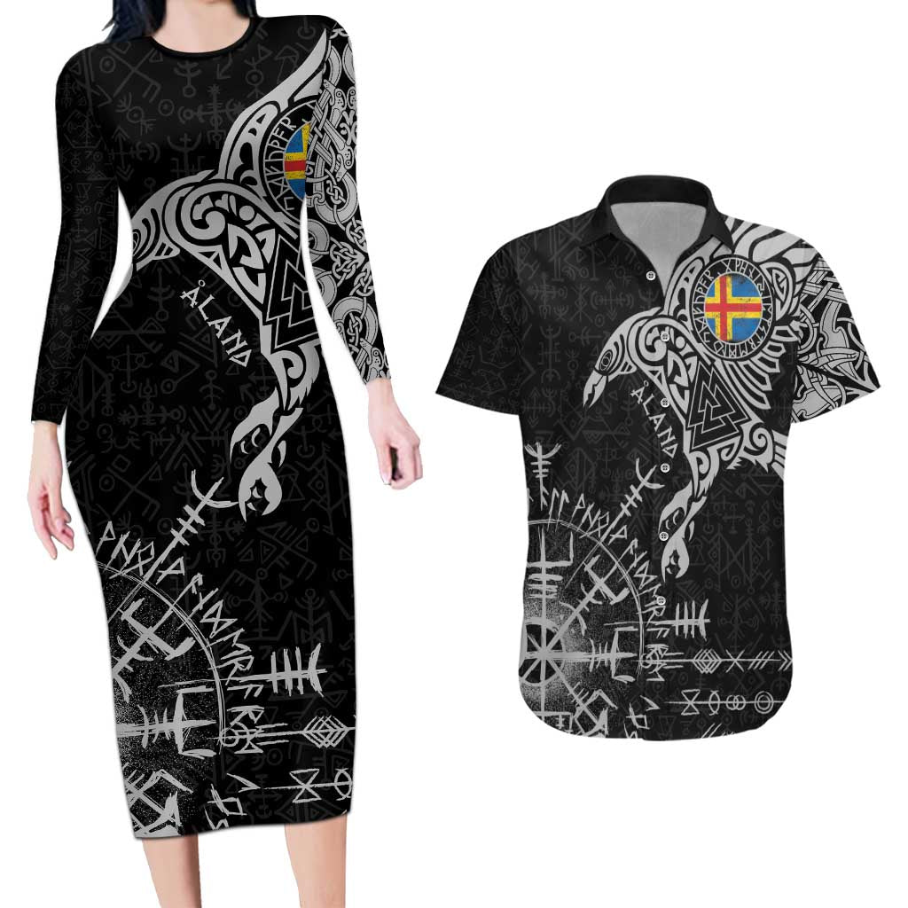 Aland Viking Ravens Couples Matching Long Sleeve Bodycon Dress and Hawaiian Shirt Vegvisir Runes Pattern - Wonder Print Shop