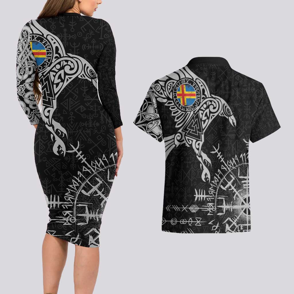 Aland Viking Ravens Couples Matching Long Sleeve Bodycon Dress and Hawaiian Shirt Vegvisir Runes Pattern - Wonder Print Shop