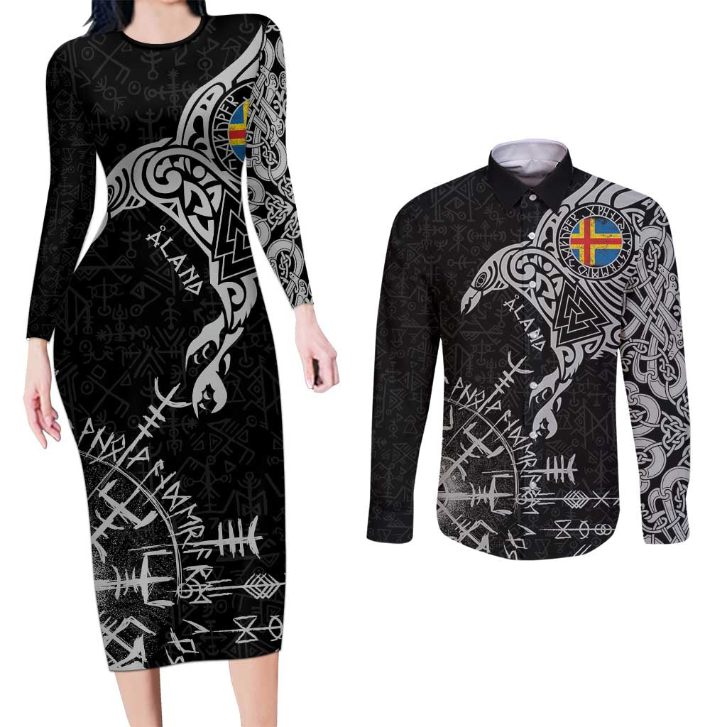 Aland Viking Ravens Couples Matching Long Sleeve Bodycon Dress and Long Sleeve Button Shirt Vegvisir Runes Pattern - Wonder Print Shop