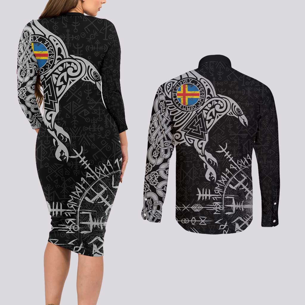 Aland Viking Ravens Couples Matching Long Sleeve Bodycon Dress and Long Sleeve Button Shirt Vegvisir Runes Pattern - Wonder Print Shop