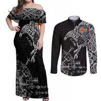 Aland Viking Ravens Couples Matching Off Shoulder Maxi Dress and Long Sleeve Button Shirt Vegvisir Runes Pattern - Wonder Print Shop