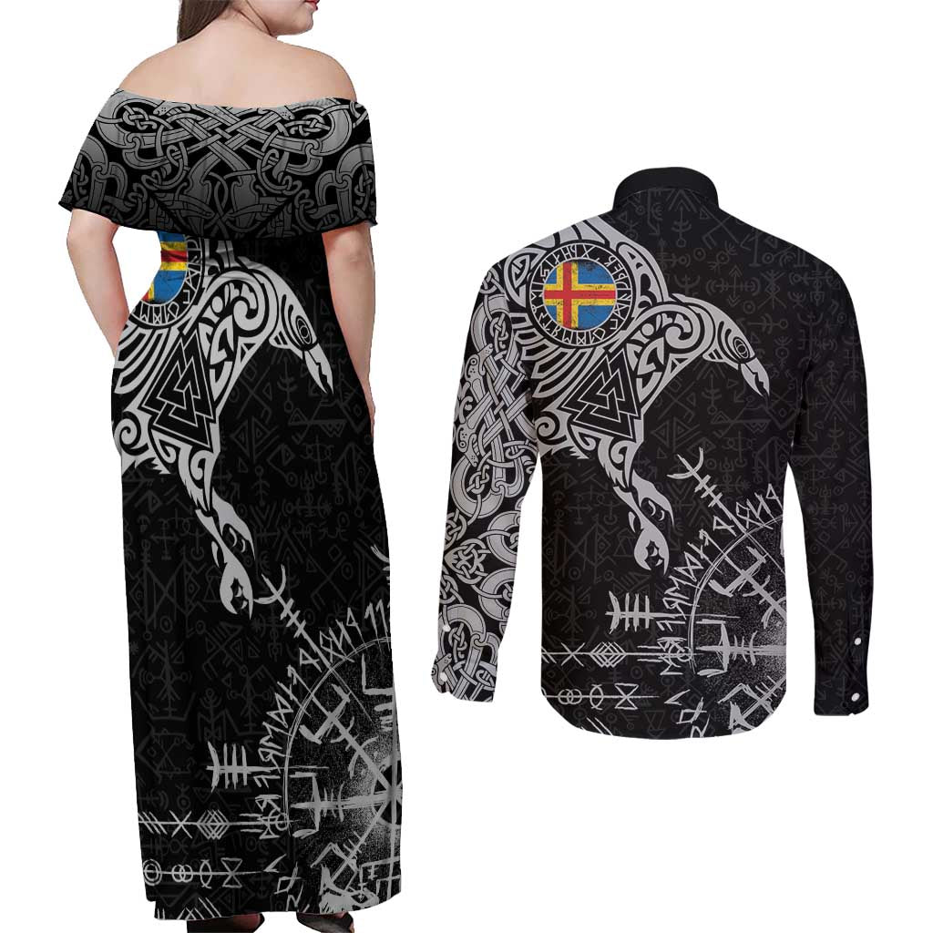 Aland Viking Ravens Couples Matching Off Shoulder Maxi Dress and Long Sleeve Button Shirt Vegvisir Runes Pattern - Wonder Print Shop