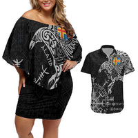 Aland Viking Ravens Couples Matching Off Shoulder Short Dress and Hawaiian Shirt Vegvisir Runes Pattern - Wonder Print Shop