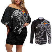 Aland Viking Ravens Couples Matching Off Shoulder Short Dress and Long Sleeve Button Shirt Vegvisir Runes Pattern - Wonder Print Shop