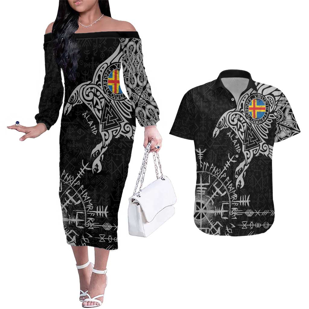 Aland Viking Ravens Couples Matching Off The Shoulder Long Sleeve Dress and Hawaiian Shirt Vegvisir Runes Pattern - Wonder Print Shop