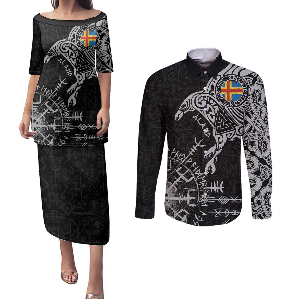 Aland Viking Ravens Couples Matching Puletasi and Long Sleeve Button Shirt Vegvisir Runes Pattern - Wonder Print Shop