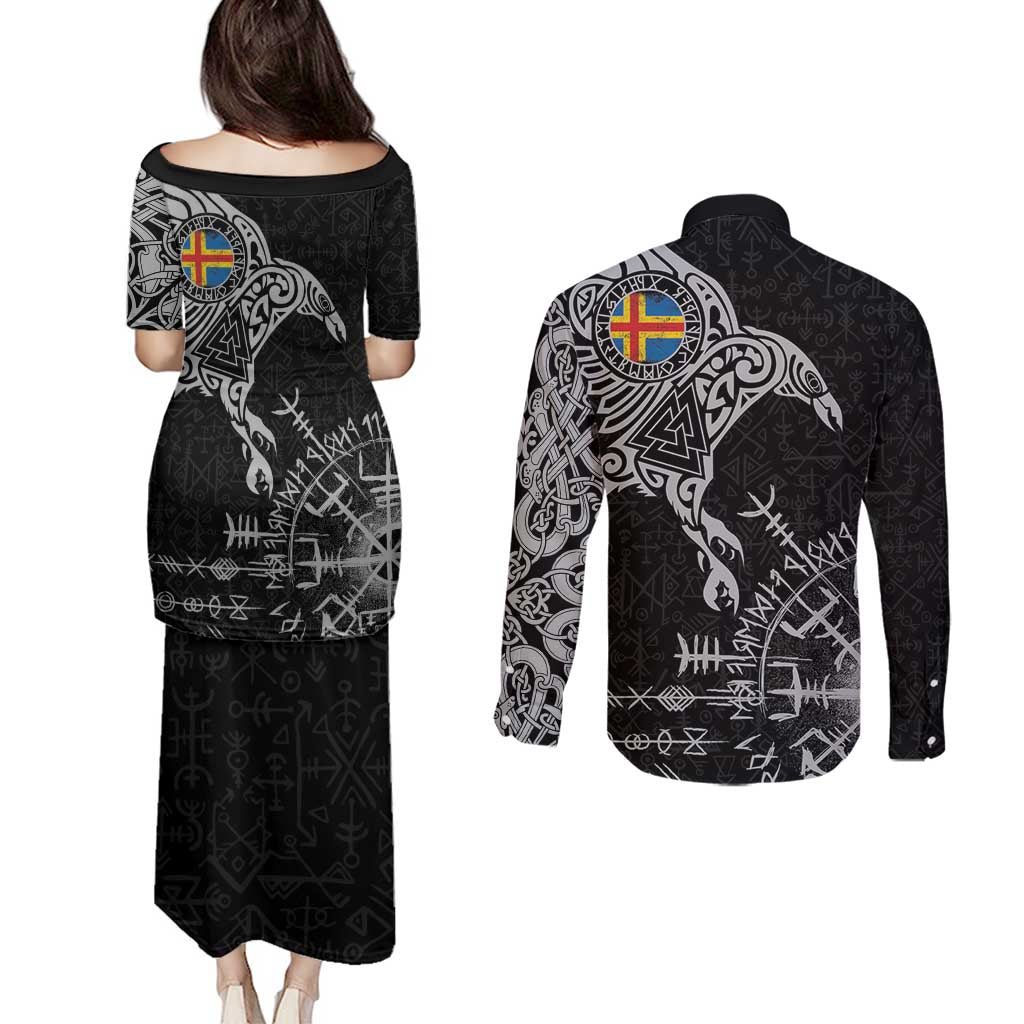 Aland Viking Ravens Couples Matching Puletasi and Long Sleeve Button Shirt Vegvisir Runes Pattern - Wonder Print Shop