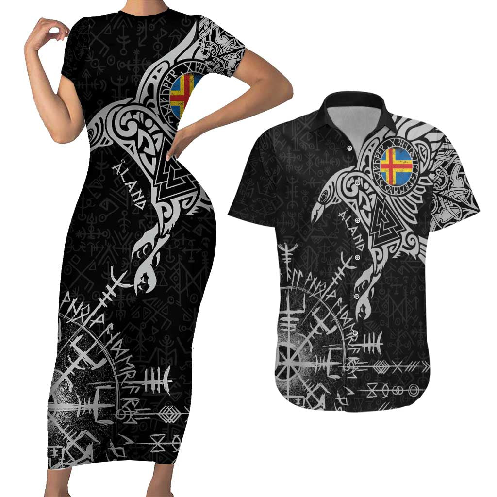 Aland Viking Ravens Couples Matching Short Sleeve Bodycon Dress and Hawaiian Shirt Vegvisir Runes Pattern - Wonder Print Shop